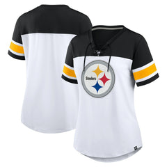 Pittsburgh Steelers Women's Athena Rhinestone Lace-Up V-Neck T-Shirt - White/Black - Fanatics