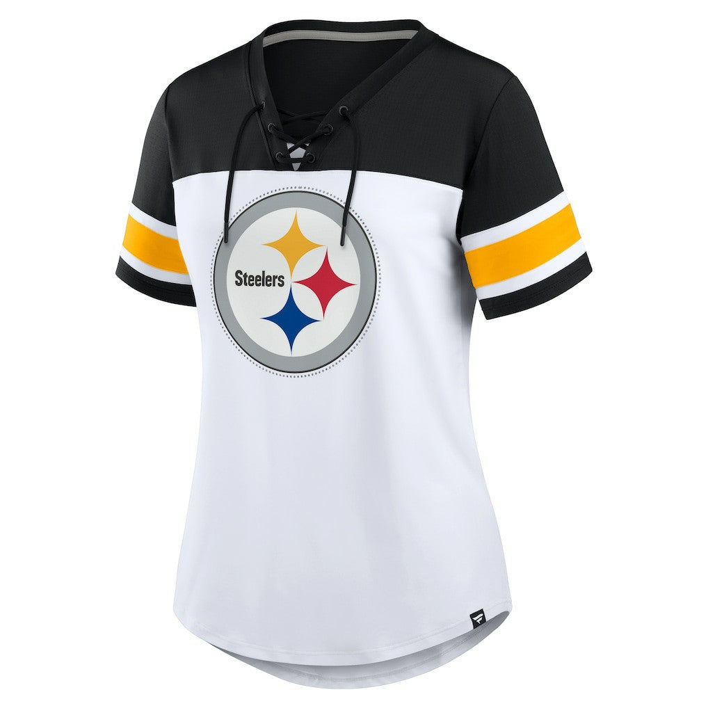 Pittsburgh Steelers Women's Athena Rhinestone Lace-Up V-Neck T-Shirt - White/Black - Fanatics