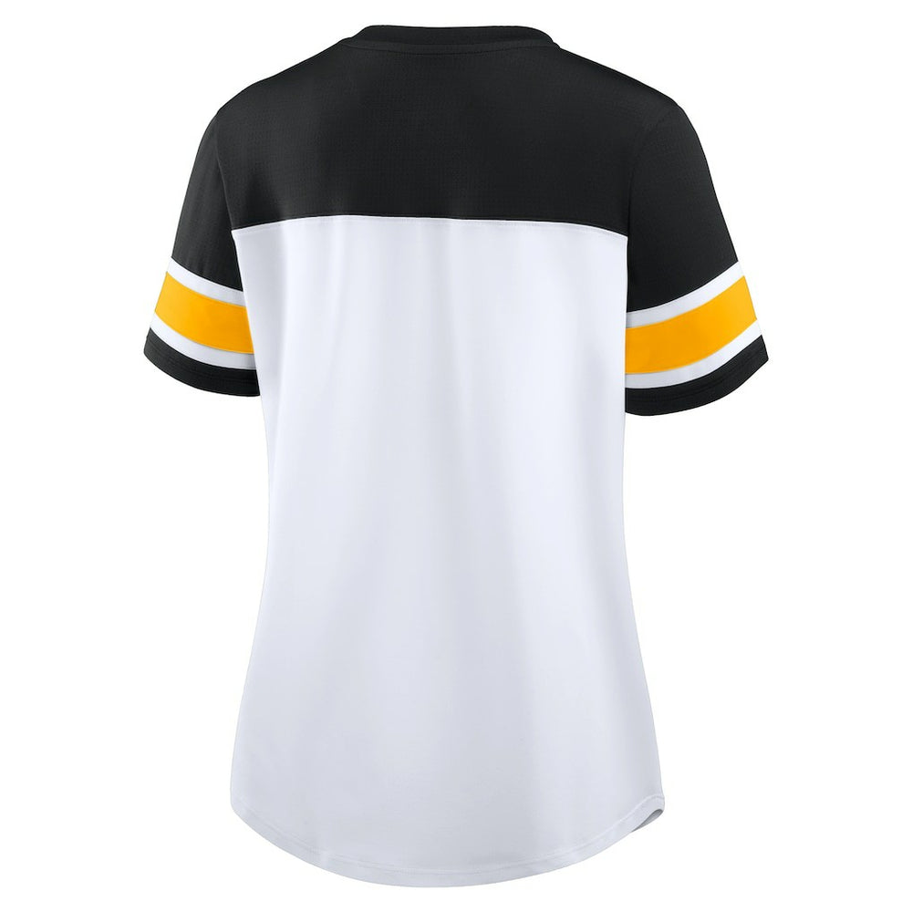 Pittsburgh Steelers Women's Athena Rhinestone Lace-Up V-Neck T-Shirt - White/Black - Fanatics