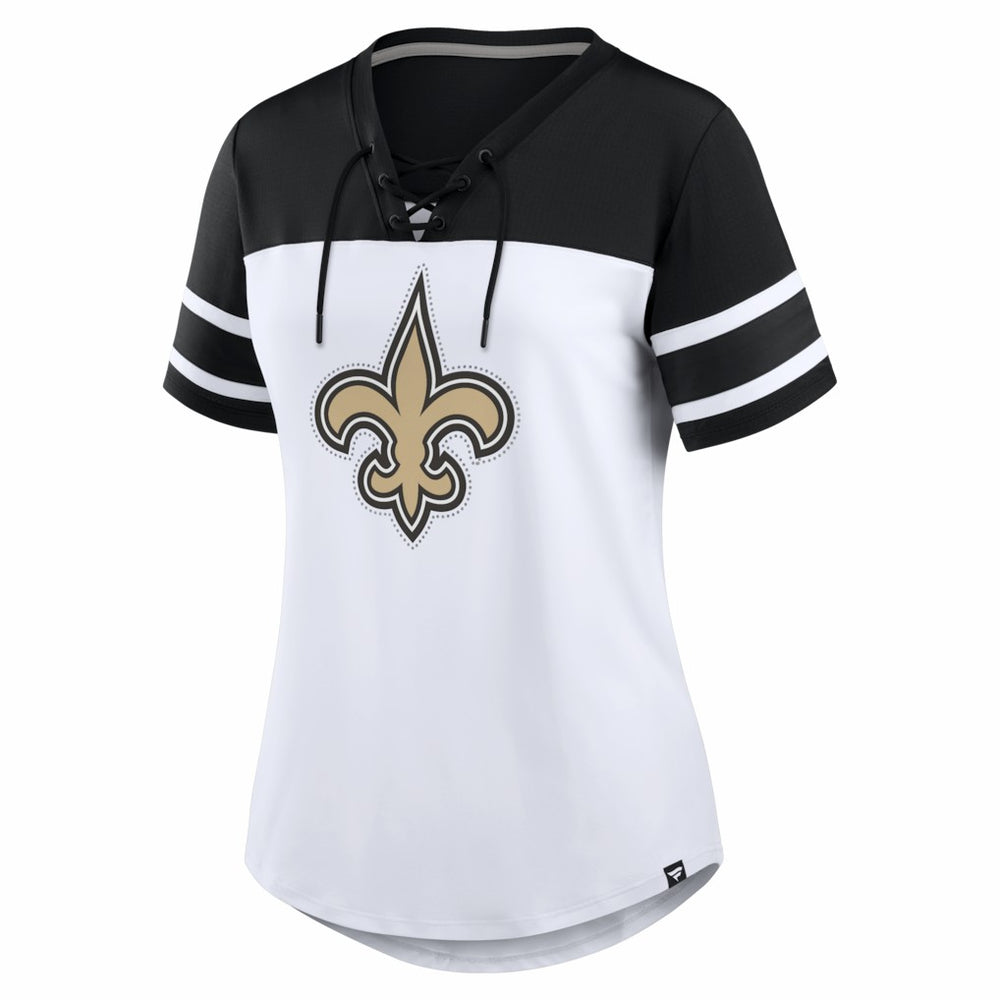 New Orleans Saints Women's Athena Rhinestone Lace-Up V-Neck T-Shirt - White/Black - Fanatics