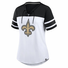New Orleans Saints Women's Athena Rhinestone Lace-Up V-Neck T-Shirt - White/Black - Fanatics