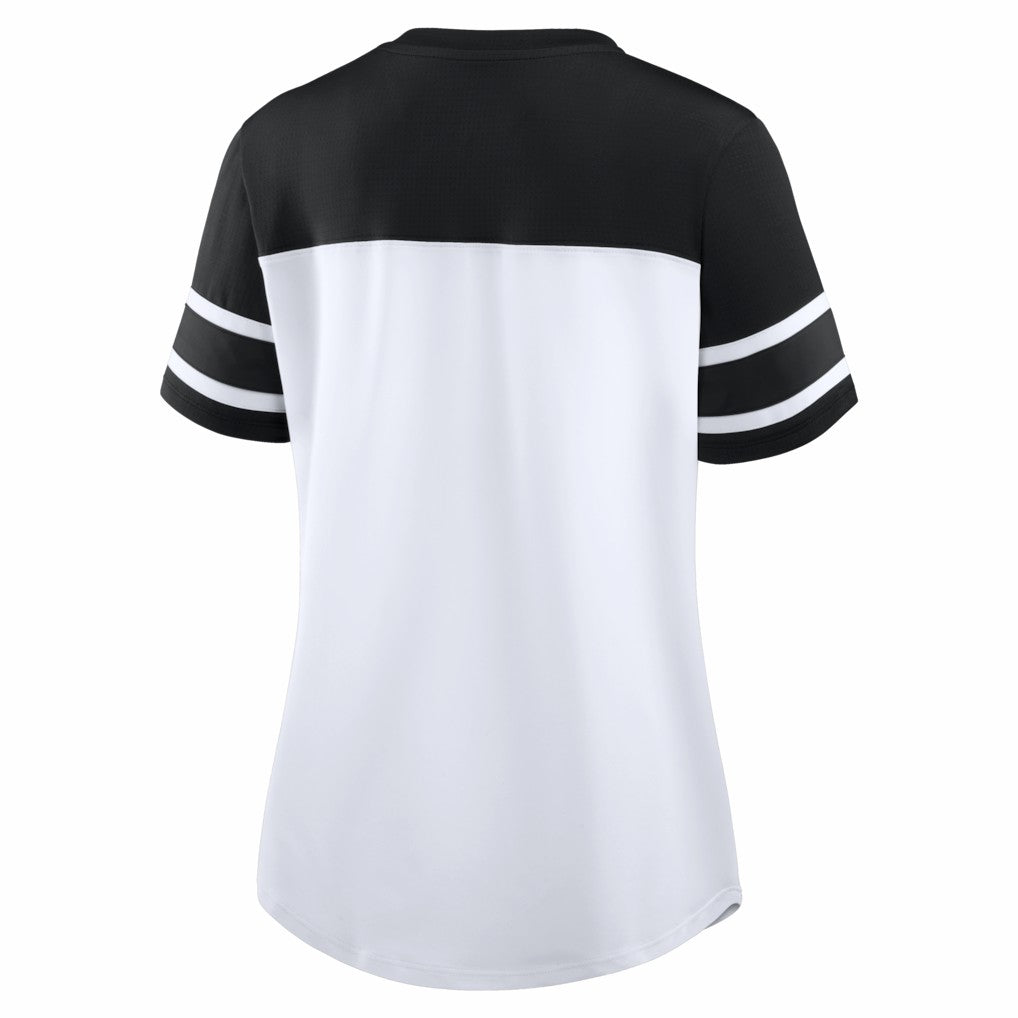 New Orleans Saints Women's Athena Rhinestone Lace-Up V-Neck T-Shirt - White/Black - Fanatics