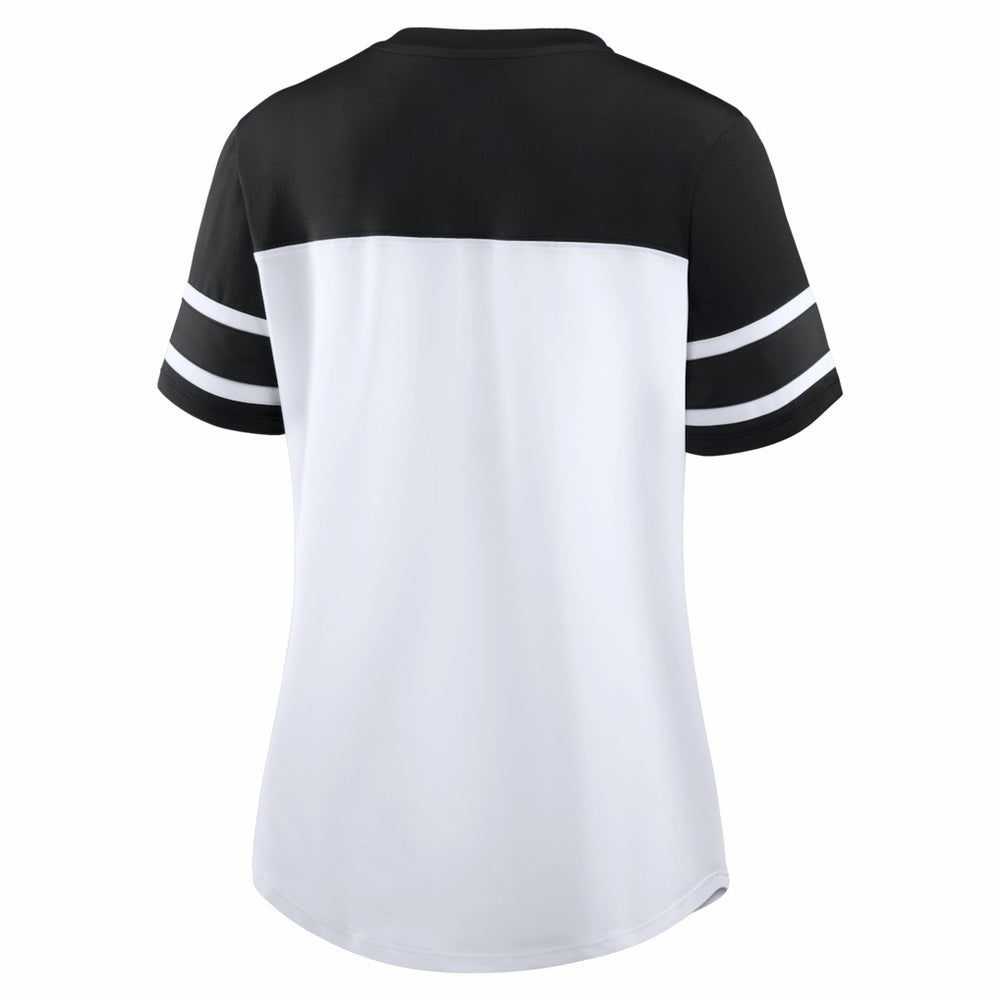 New Orleans Saints Women's Athena Rhinestone Lace-Up V-Neck T-Shirt - White/Black - Fanatics