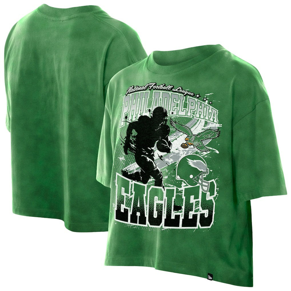 Philadelphia Eagles New Era Women's Cropped Boxy Sport Classics Mineral Wash T-Shirt - Kelly Green - NFL