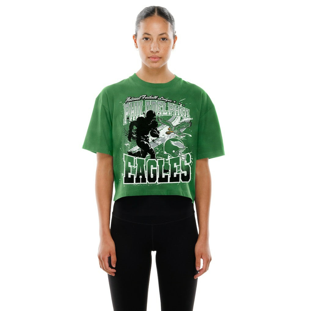 Philadelphia Eagles New Era Women's Cropped Boxy Sport Classics Mineral Wash T-Shirt - Kelly Green - NFL