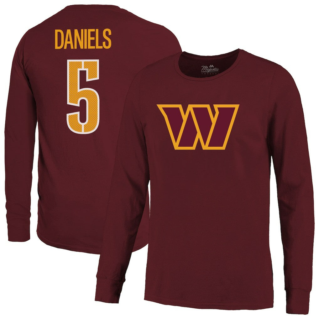 Jayden Daniels Washington Commanders Majestic Threads Name & Number Non-Distressed Long Sleeve T-Shirt - Burgundy - NFL