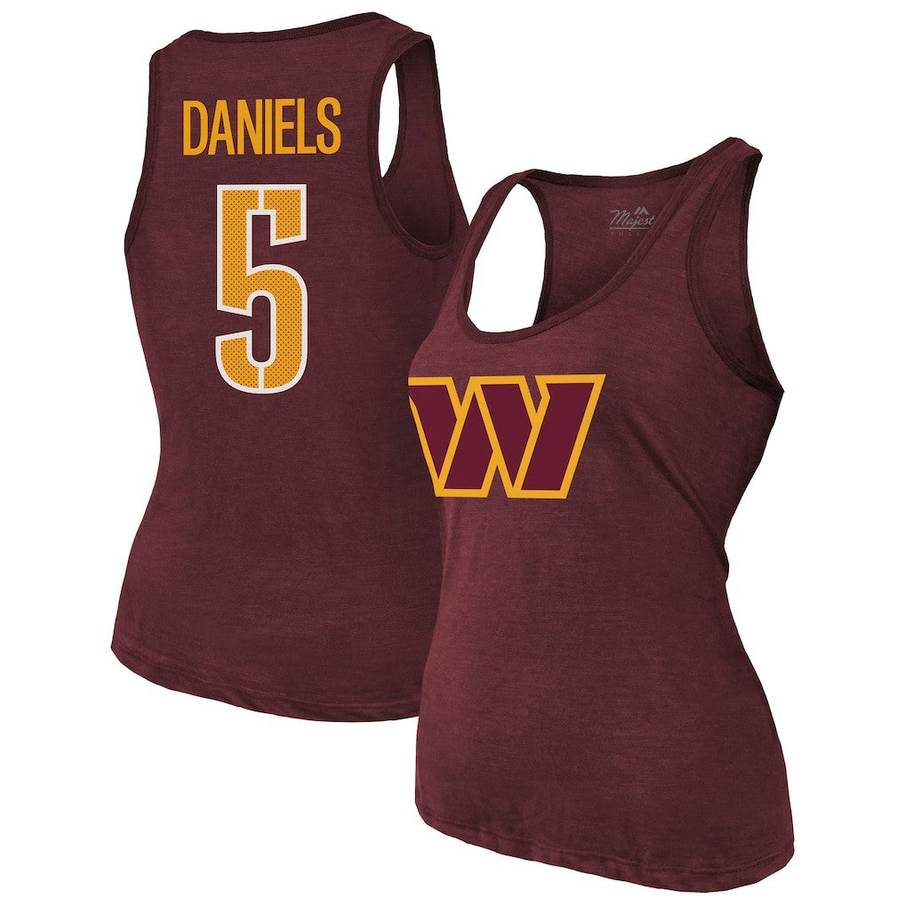 Jayden Daniels Washington Commanders Majestic Threads Women's Name & Number Tri-Blend Scoop Neck Tank Top - Burgundy - NFL