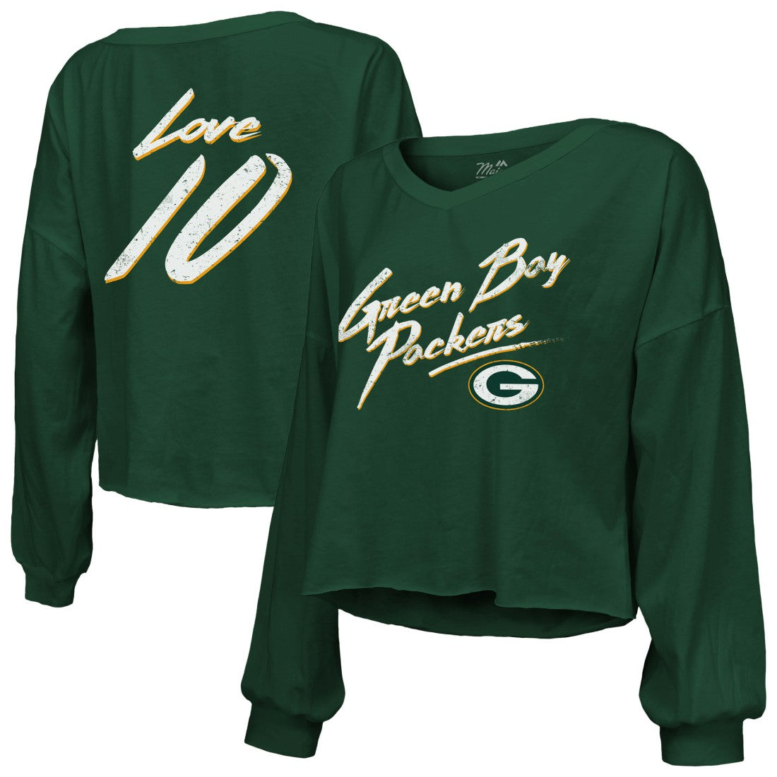 Jordan Love Green Bay Packers Majestic Threads Women's Name & Number Off-Shoulder Script Cropped Long Sleeve Relaxed V-Neck T-Shirt - Green - NFL