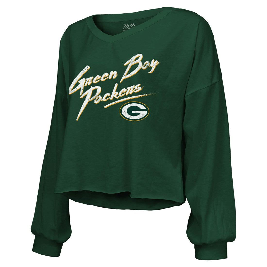 Jordan Love Green Bay Packers Majestic Threads Women's Name & Number Off-Shoulder Script Cropped Long Sleeve Relaxed V-Neck T-Shirt - Green - NFL