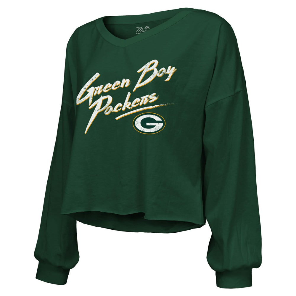 Jordan Love Green Bay Packers Majestic Threads Women's Name & Number Off-Shoulder Script Cropped Long Sleeve Relaxed V-Neck T-Shirt - Green - NFL