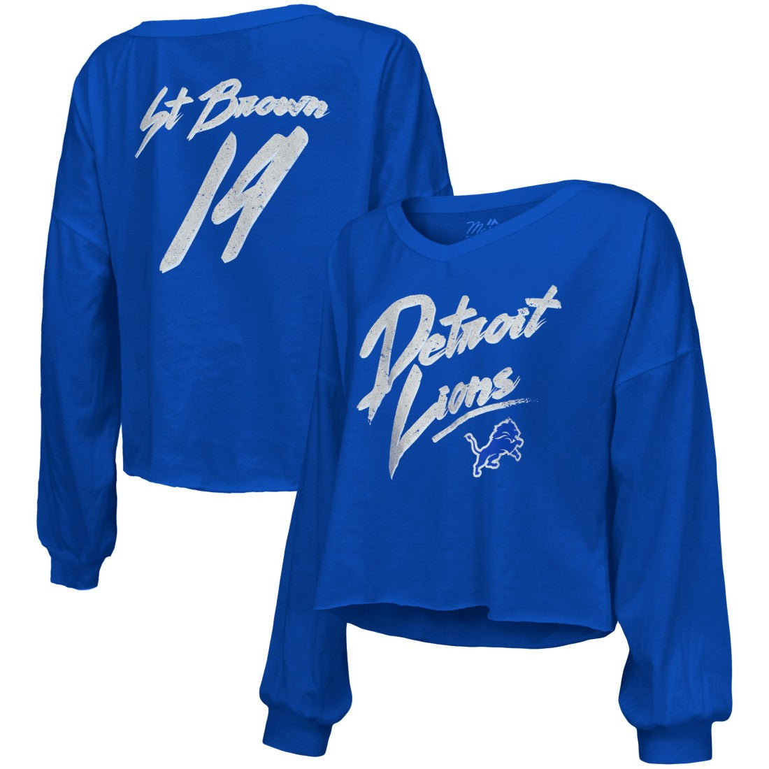 Amon-Ra St. Brown Detroit Lions Majestic Threads Women's Name & Number Off-Shoulder Script Cropped Long Sleeve Relaxed V-Neck T-Shirt - Blue - NFL