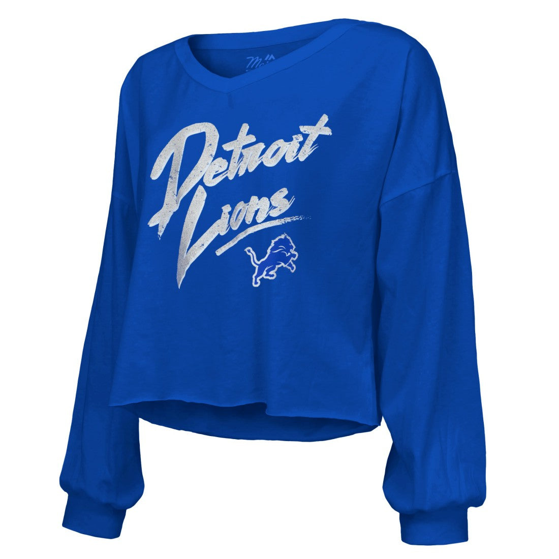 Amon-Ra St. Brown Detroit Lions Majestic Threads Women's Name & Number Off-Shoulder Script Cropped Long Sleeve Relaxed V-Neck T-Shirt - Blue - NFL