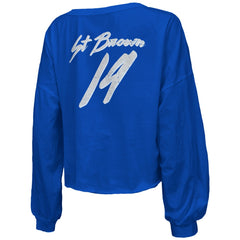 Amon-Ra St. Brown Detroit Lions Majestic Threads Women's Name & Number Off-Shoulder Script Cropped Long Sleeve Relaxed V-Neck T-Shirt - Blue - NFL