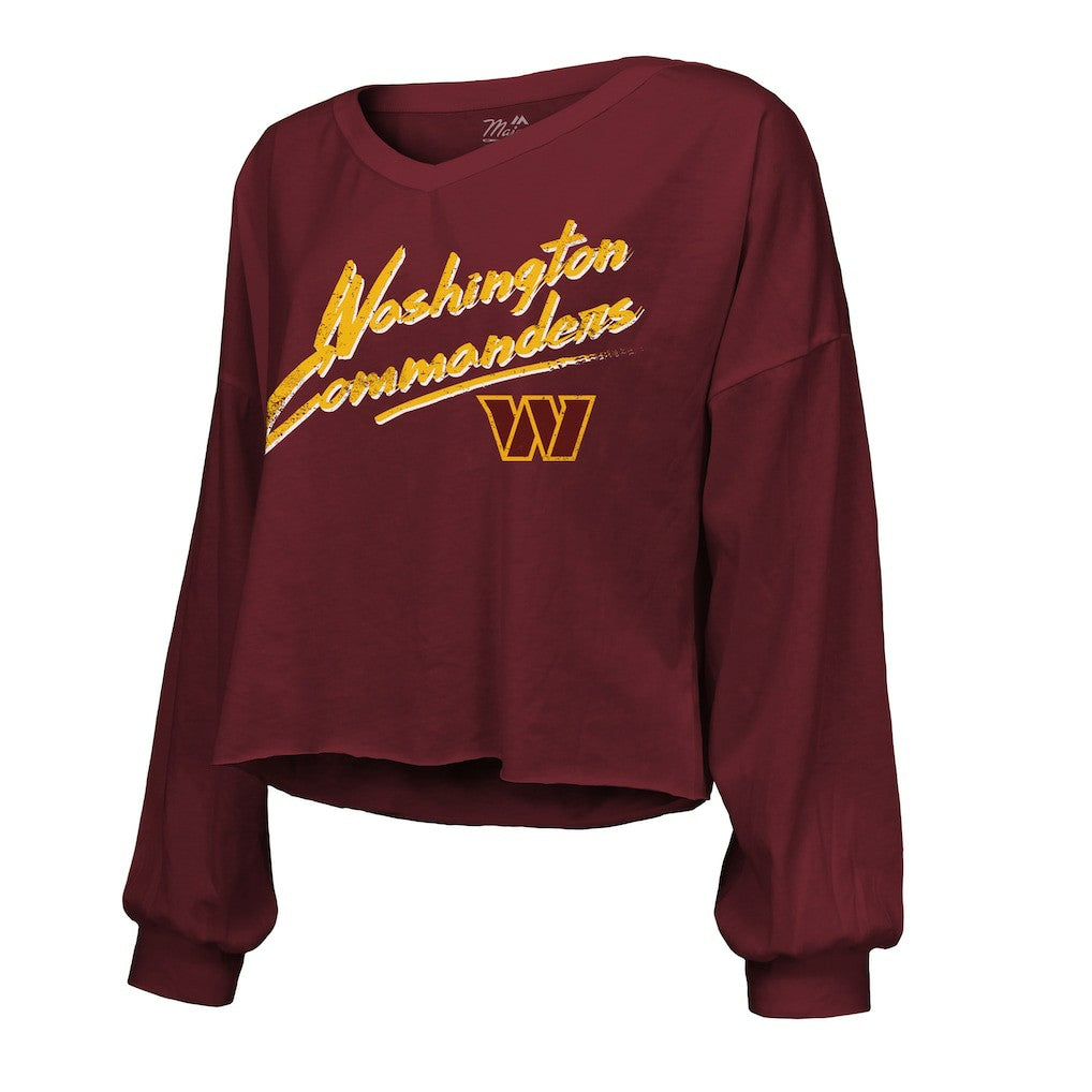 Jayden Daniels Washington Commanders Majestic Threads Women's Name & Number Off-Shoulder Script Cropped Long Sleeve Relaxed V-Neck T-Shirt - Burgundy - NFL