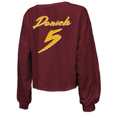 Jayden Daniels Washington Commanders Majestic Threads Women's Name & Number Off-Shoulder Script Cropped Long Sleeve Relaxed V-Neck T-Shirt - Burgundy - NFL