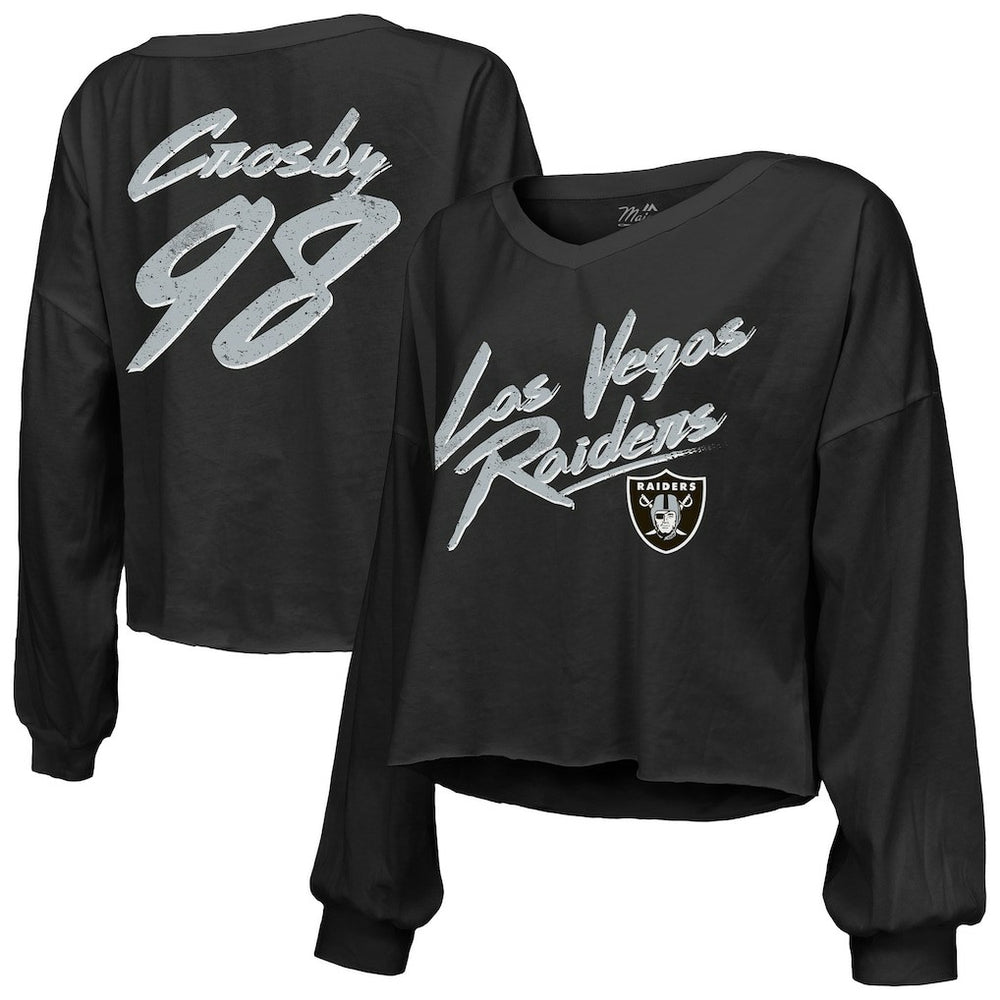 Maxx Crosby Las Vegas Raiders Majestic Threads Women's Name & Number Off-Shoulder Script Cropped Long Sleeve Relaxed V-Neck T-Shirt - Black - NFL
