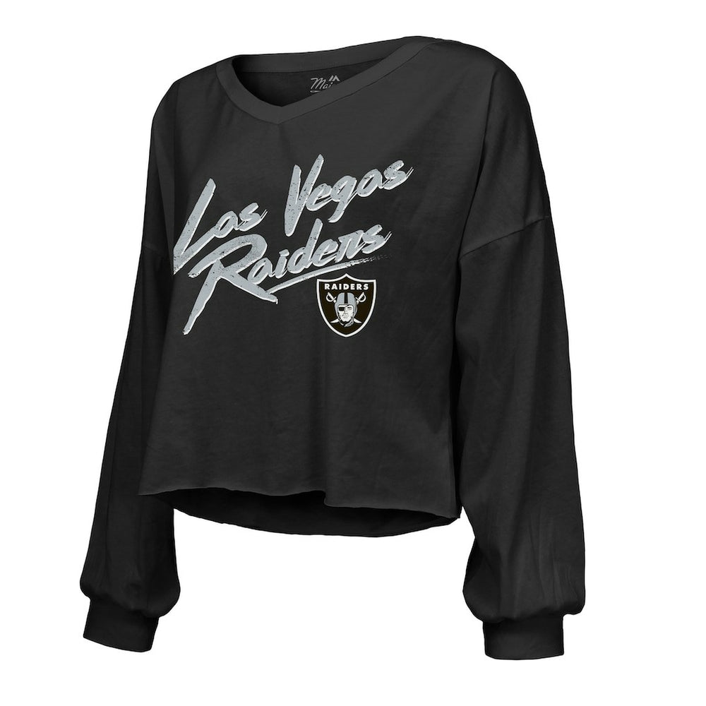 Maxx Crosby Las Vegas Raiders Majestic Threads Women's Name & Number Off-Shoulder Script Cropped Long Sleeve Relaxed V-Neck T-Shirt - Black - NFL