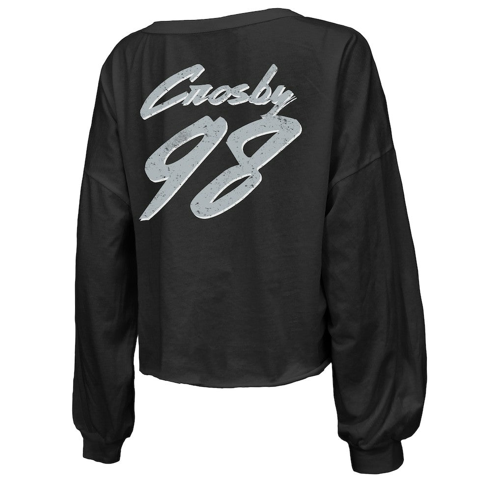 Maxx Crosby Las Vegas Raiders Majestic Threads Women's Name & Number Off-Shoulder Script Cropped Long Sleeve Relaxed V-Neck T-Shirt - Black - NFL