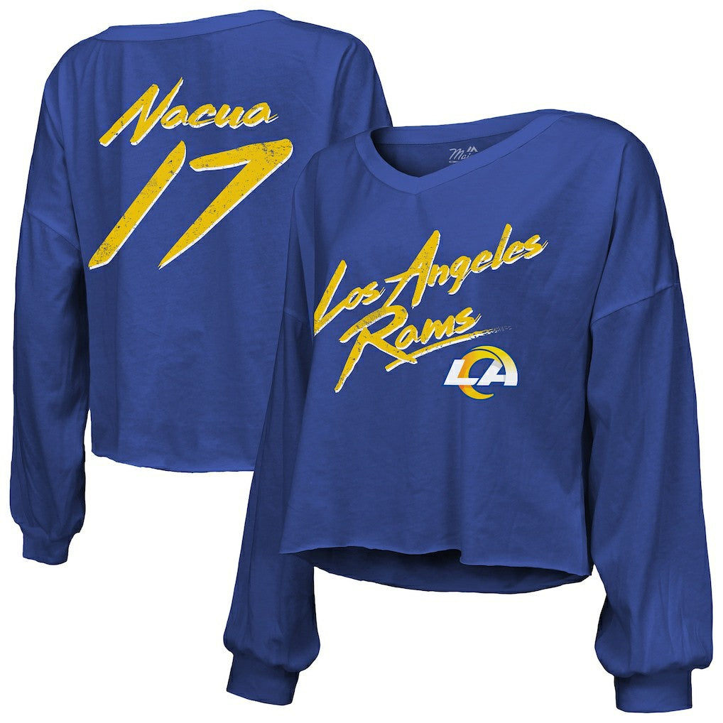Puka Nacua Los Angeles Rams Majestic Threads Women's Off-Shoulder Script Player Name & Number Cropped Long Sleeve V-Neck T-Shirt - Royal - NFL