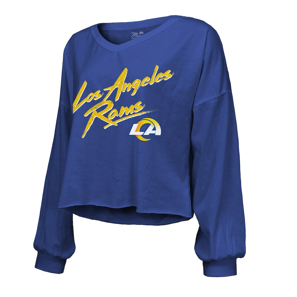Puka Nacua Los Angeles Rams Majestic Threads Women's Off-Shoulder Script Player Name & Number Cropped Long Sleeve V-Neck T-Shirt - Royal - NFL