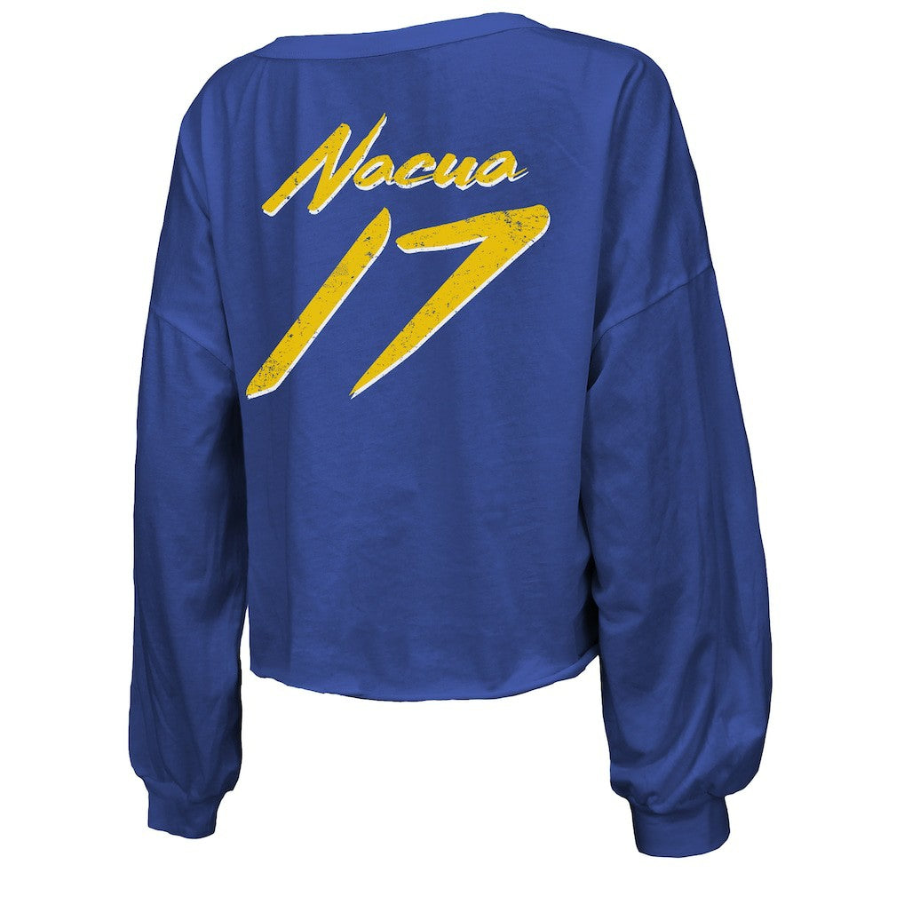 Puka Nacua Los Angeles Rams Majestic Threads Women's Off-Shoulder Script Player Name & Number Cropped Long Sleeve V-Neck T-Shirt - Royal - NFL