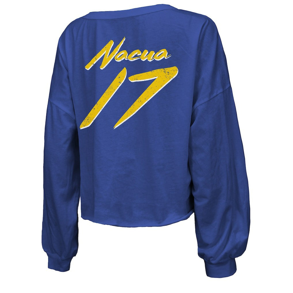 Puka Nacua Los Angeles Rams Majestic Threads Women's Off-Shoulder Script Player Name & Number Cropped Long Sleeve V-Neck T-Shirt - Royal - NFL