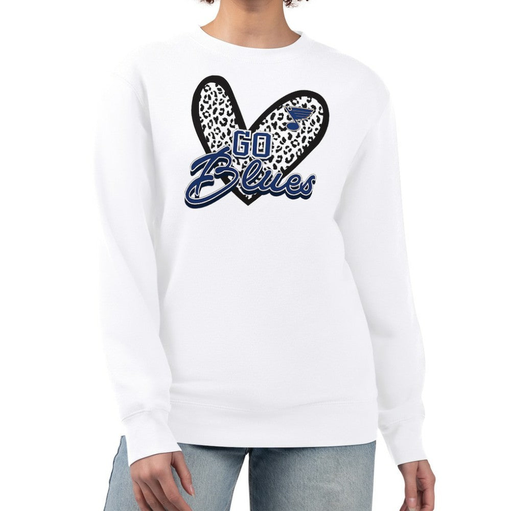 St. Louis Blues G-III 4Her by Carl Banks Women's Animal Print Heart Fleece Pullover Sweatshirt - White | NHL Clearance