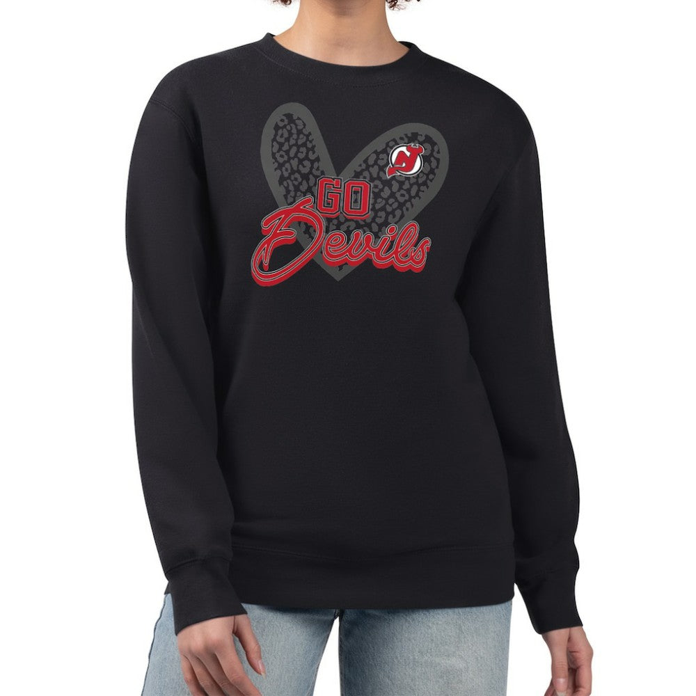New Jersey Devils G-III 4Her by Carl Banks Women's Animal Print Heart Fleece Pullover Sweatshirt - Black | NHL Lifestyle