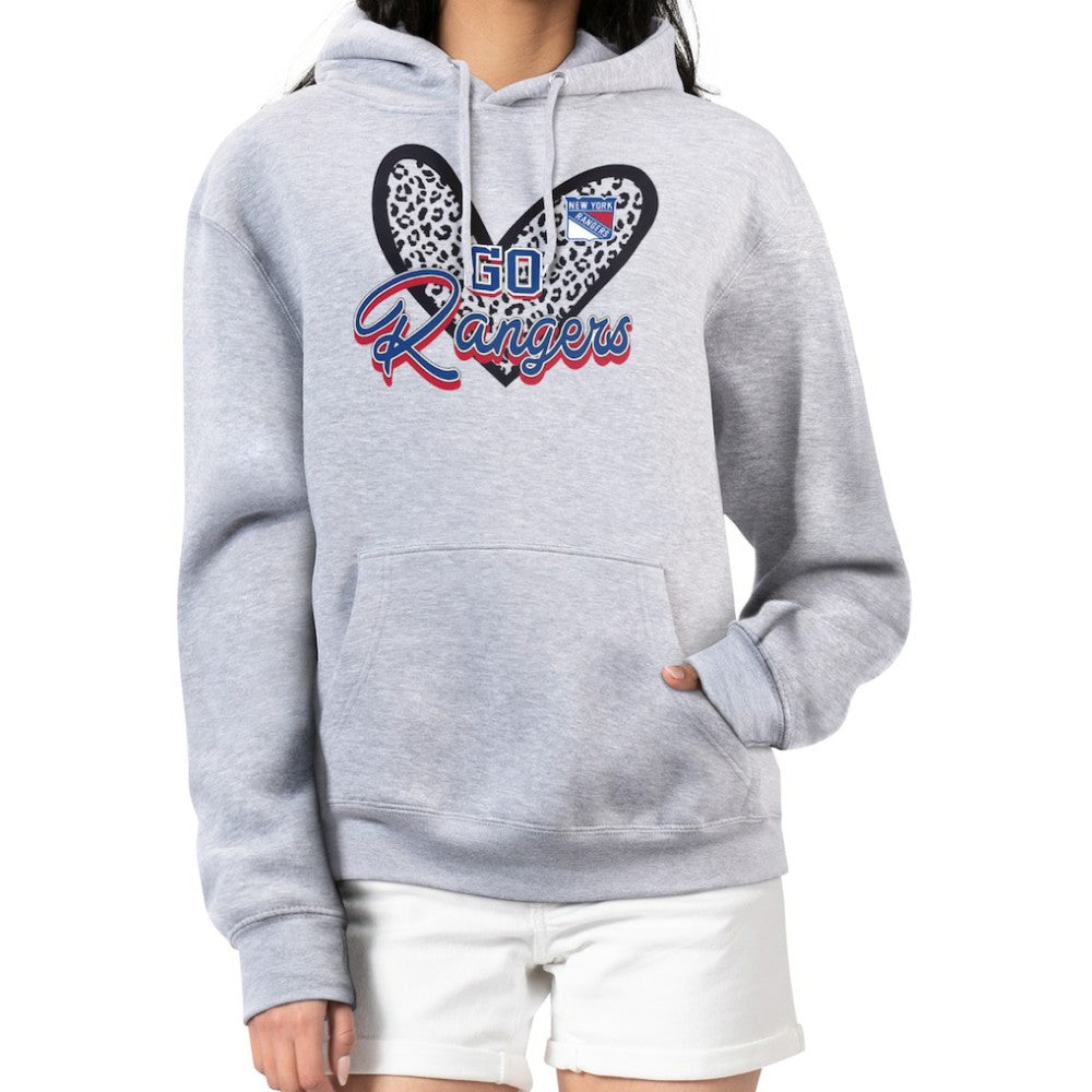 New York Rangers G-III 4Her by Carl Banks Women's Animal Print Heart Fleece Pullover Hoodie - Heather Gray | NHL Lifestyle