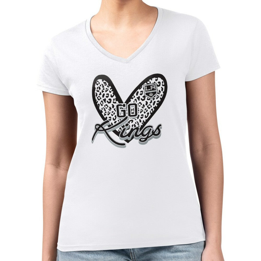 Los Angeles Kings G-III 4Her by Carl Banks Women's Super-Slim Fit Lightweight Animal Print Heart V-Neck T-Shirt - White | NHL Lifestyle
