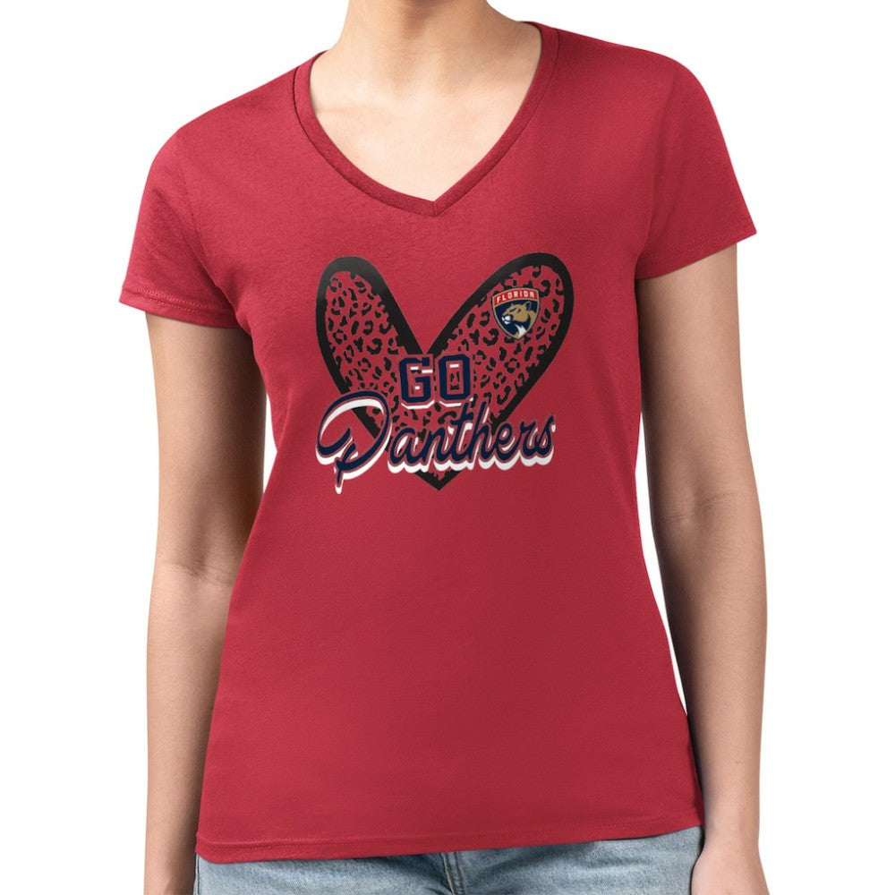 Florida Panthers G-III 4Her by Carl Banks Women's Super-Slim Fit Lightweight Animal Print Heart V-Neck T-Shirt - Red | NHL on sale