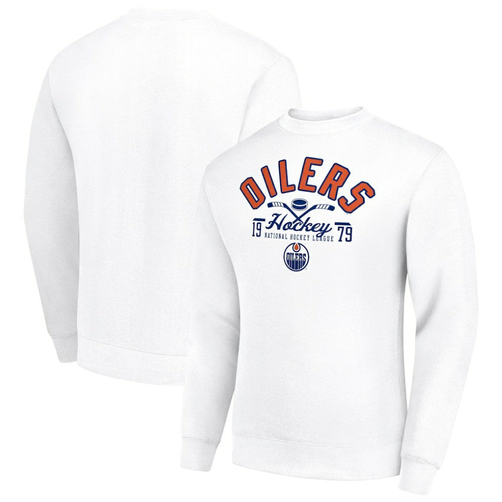 Edmonton Oilers Starter Stick And Puck Logo Fleece Pullover Sweatshirt - White | NHL Lifestyle