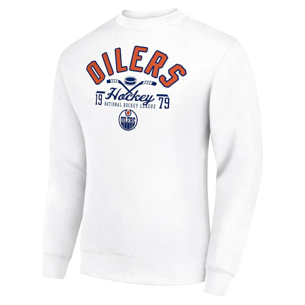 Edmonton Oilers Starter Stick And Puck Logo Fleece Pullover Sweatshirt - White | NHL Lifestyle