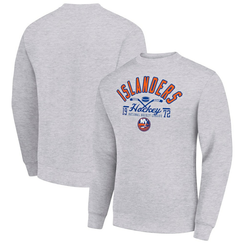 New York Islanders Starter Stick And Puck Logo Fleece Pullover Sweatshirt - Heather Gray | NHL Lifestyle