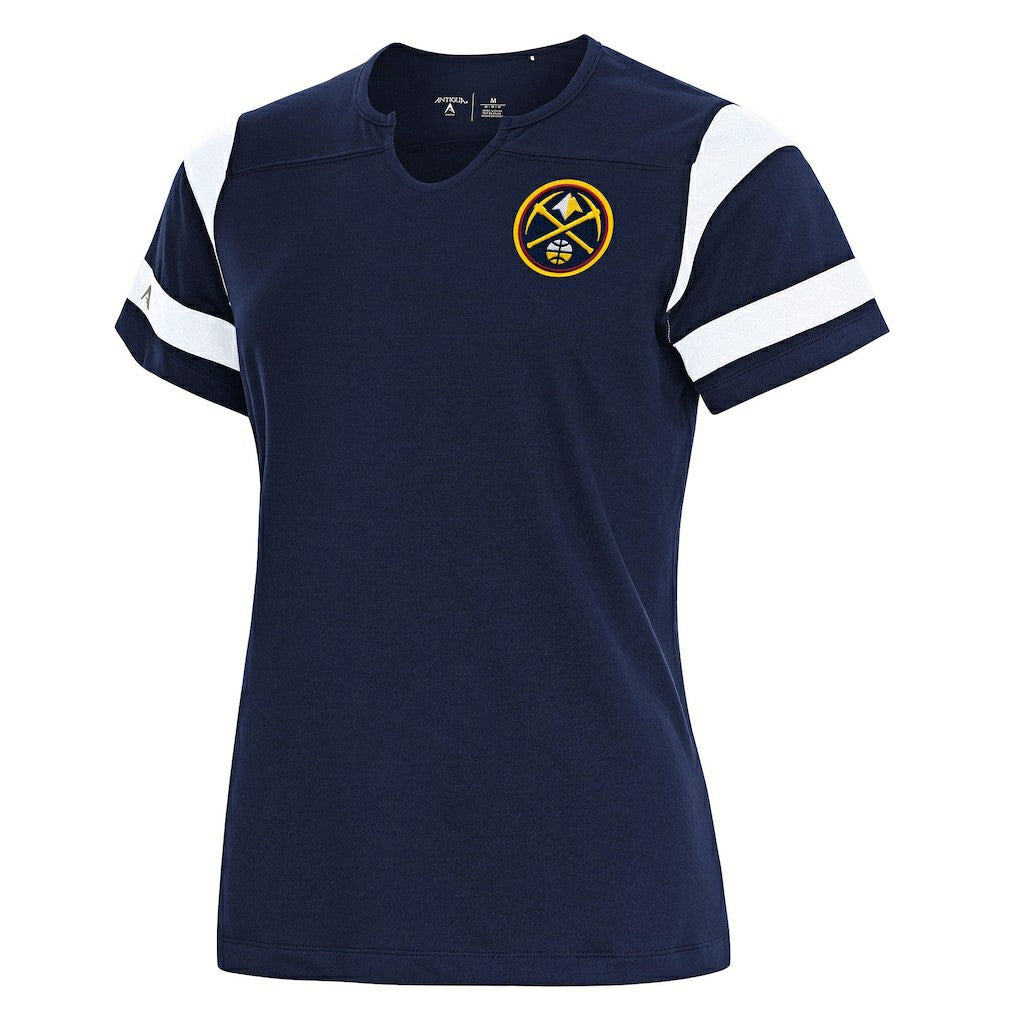 Denver Nuggets Antigua Women's Encounter Short Sleeve Notch Neck Top Navy
