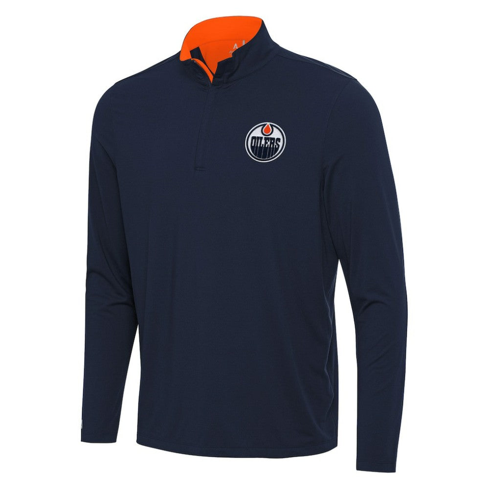 Edmonton Oilers Antigua Content Quarter-Zip Pullover Top - Navy/Orange | NHL online
