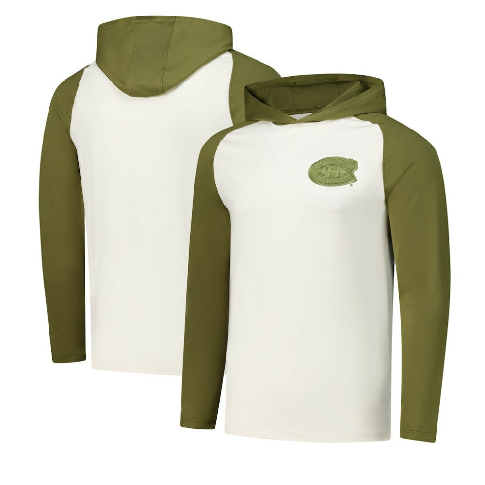 Montreal Canadiens Antigua Intrepid Sand Raglan Long Sleeve Hoodie T-Shirt - Cream/Olive | NHL Lifestyle