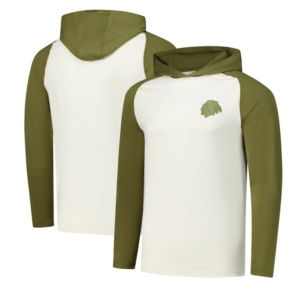 Chicago Blackhawks Antigua Intrepid Sand Raglan Long Sleeve Hoodie T-Shirt - Cream/Olive | NHL online