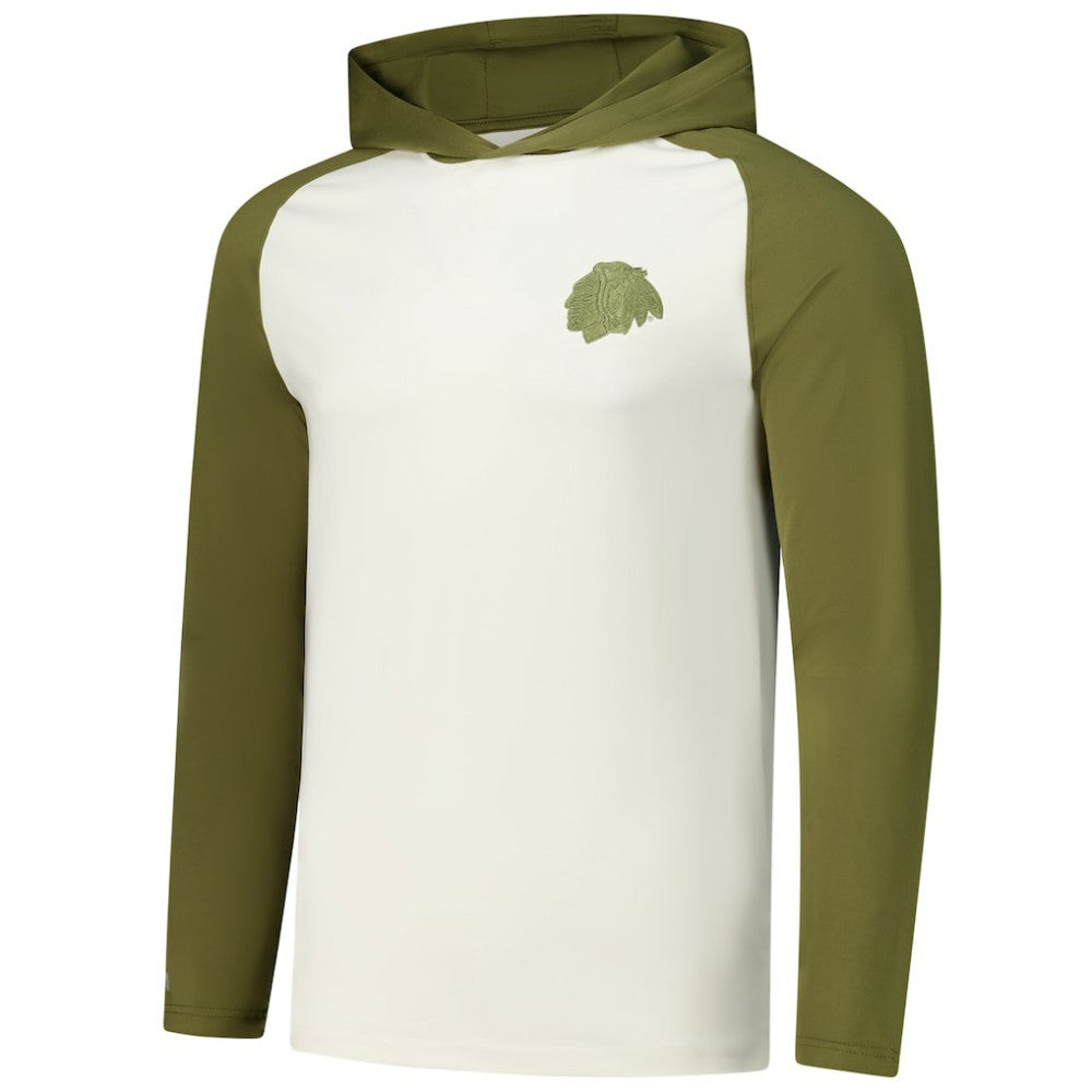 Chicago Blackhawks Antigua Intrepid Sand Raglan Long Sleeve Hoodie T-Shirt - Cream/Olive | NHL online