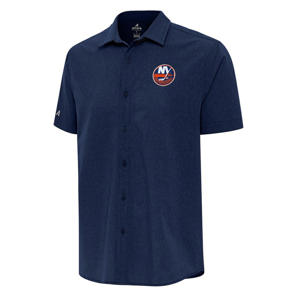 New York Islanders Antigua Activate Woven Short Sleeve Button-Up Shirt - Navy | NHL Lifestyle