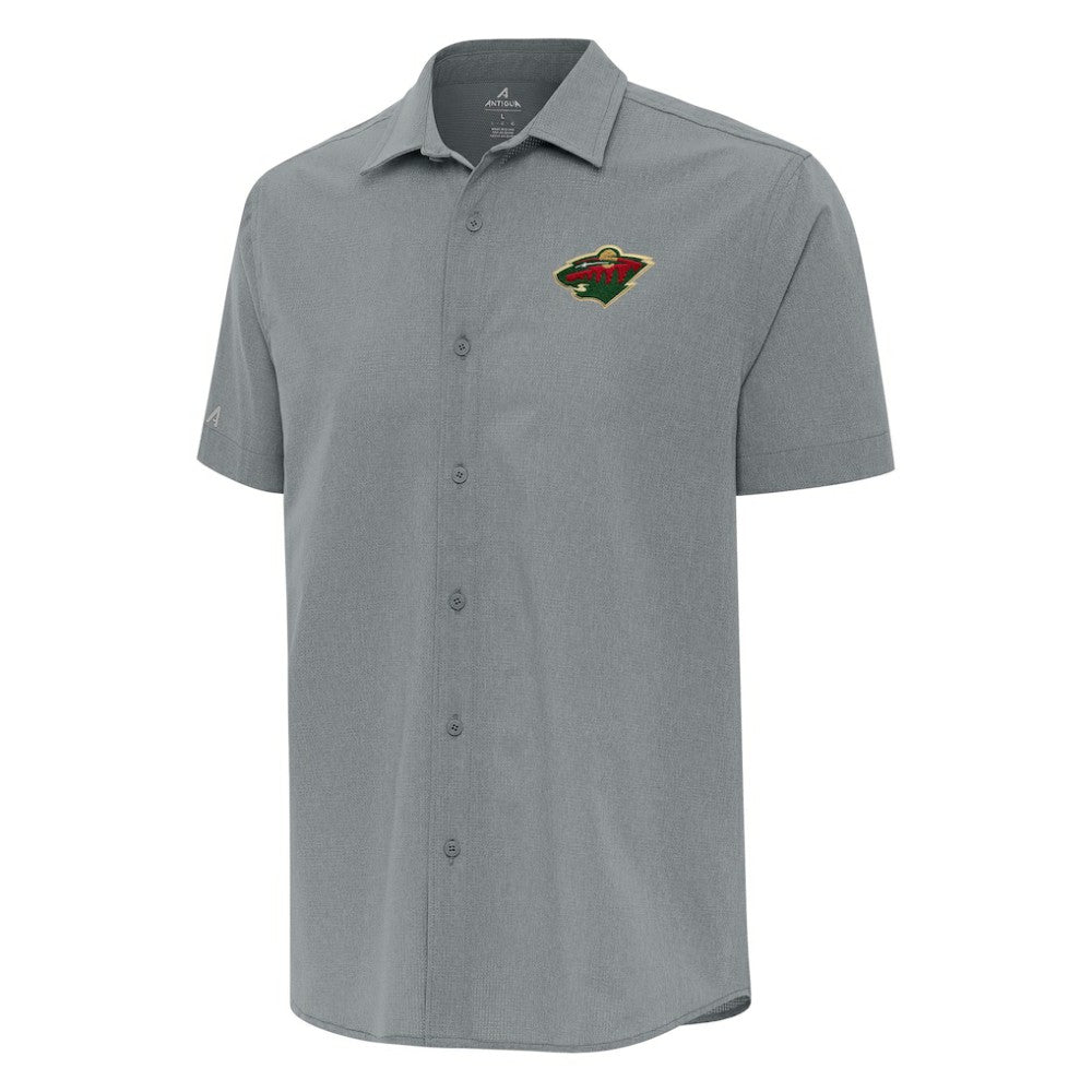 Minnesota Wild Antigua Activate Woven Short Sleeve Button-Up Shirt - Gray | NHL Lifestyle
