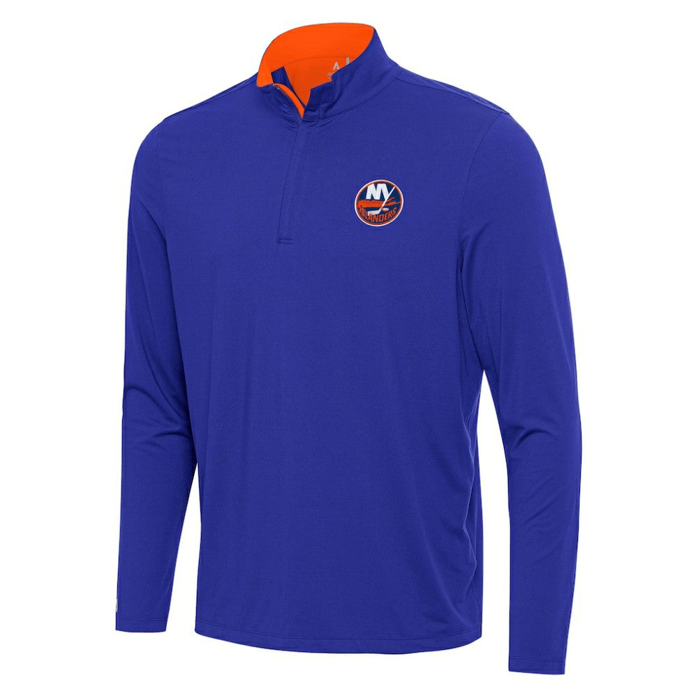 New York Islanders Antigua Content Quarter-Zip Pullover Top - Royal/Orange | NHL Lifestyle