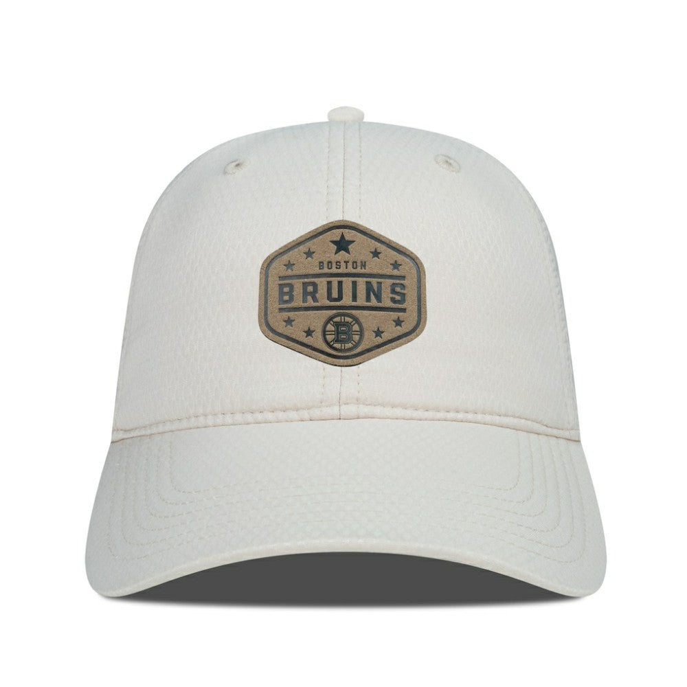 Boston Bruins Men's Levelwear Faux Leather Patch Unstructured Adjustable Hat - Cream | NHL Lifestyle