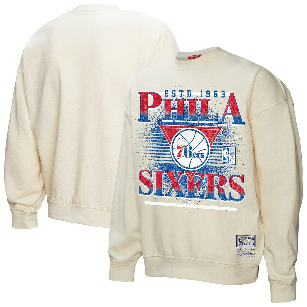 Mitchell & Ness Philadelphia 76ers Women's Oversprayed Pullover Sweatshirt Cream