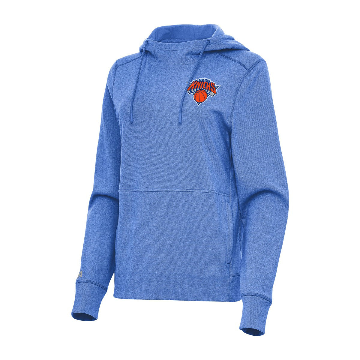 New York Knicks Antigua Women's Justice Pullover Hoodie Heather Blue