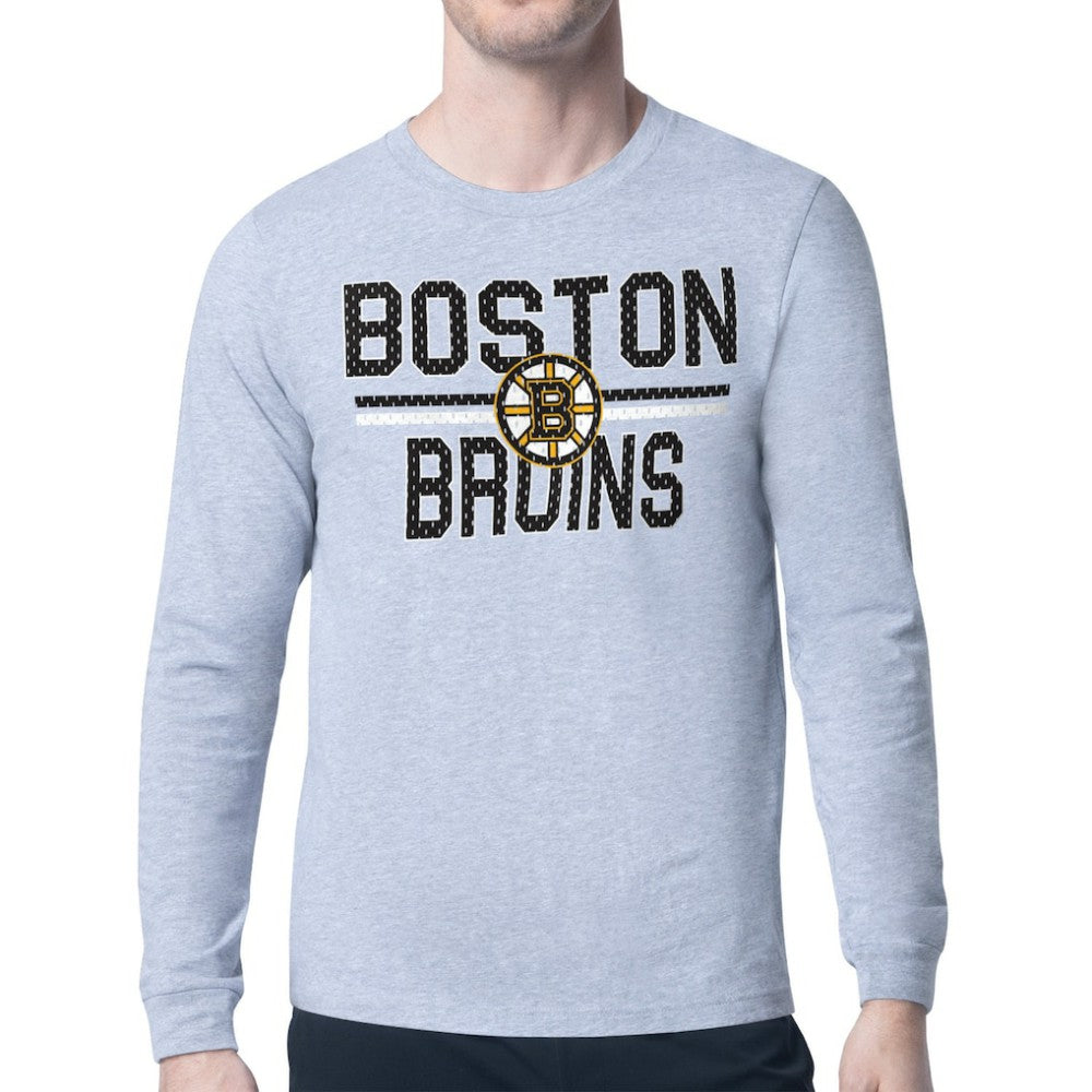 Boston Bruins Starter Mesh Look Team Name Logo Long Sleeve T-Shirt - Heather Gray | NHL Clearance