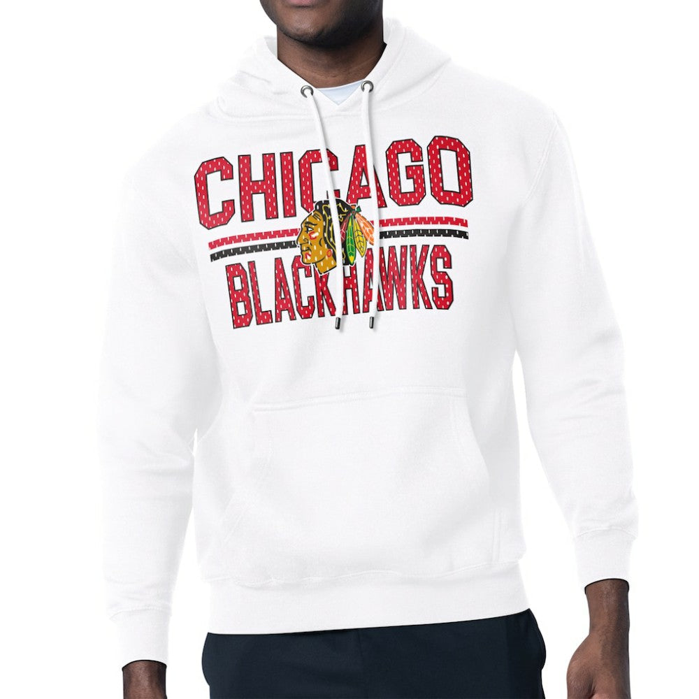 Chicago Blackhawks Starter Mesh Look Team Name Logo Tri-Blend Pullover Hoodie - White | NHL Clearance