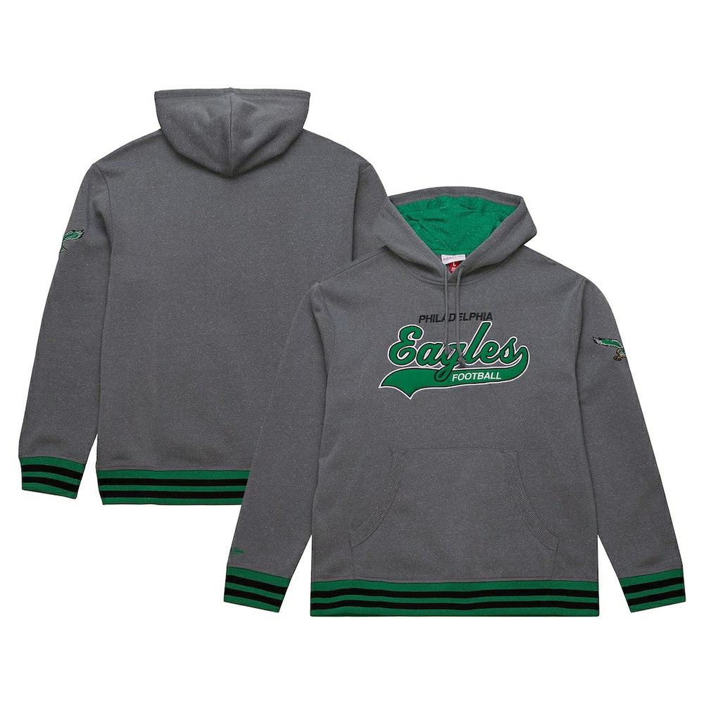 Philadelphia Eagles Vintage Logo Snow Washed Fleece Pullover Hoodie - Heather Gray - Mitchell & Ness
