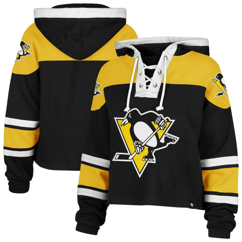 Pittsburgh Penguins '47 Women's Cropped Superior Lacer Pullover Hoodie - Black | 47 brand on sale