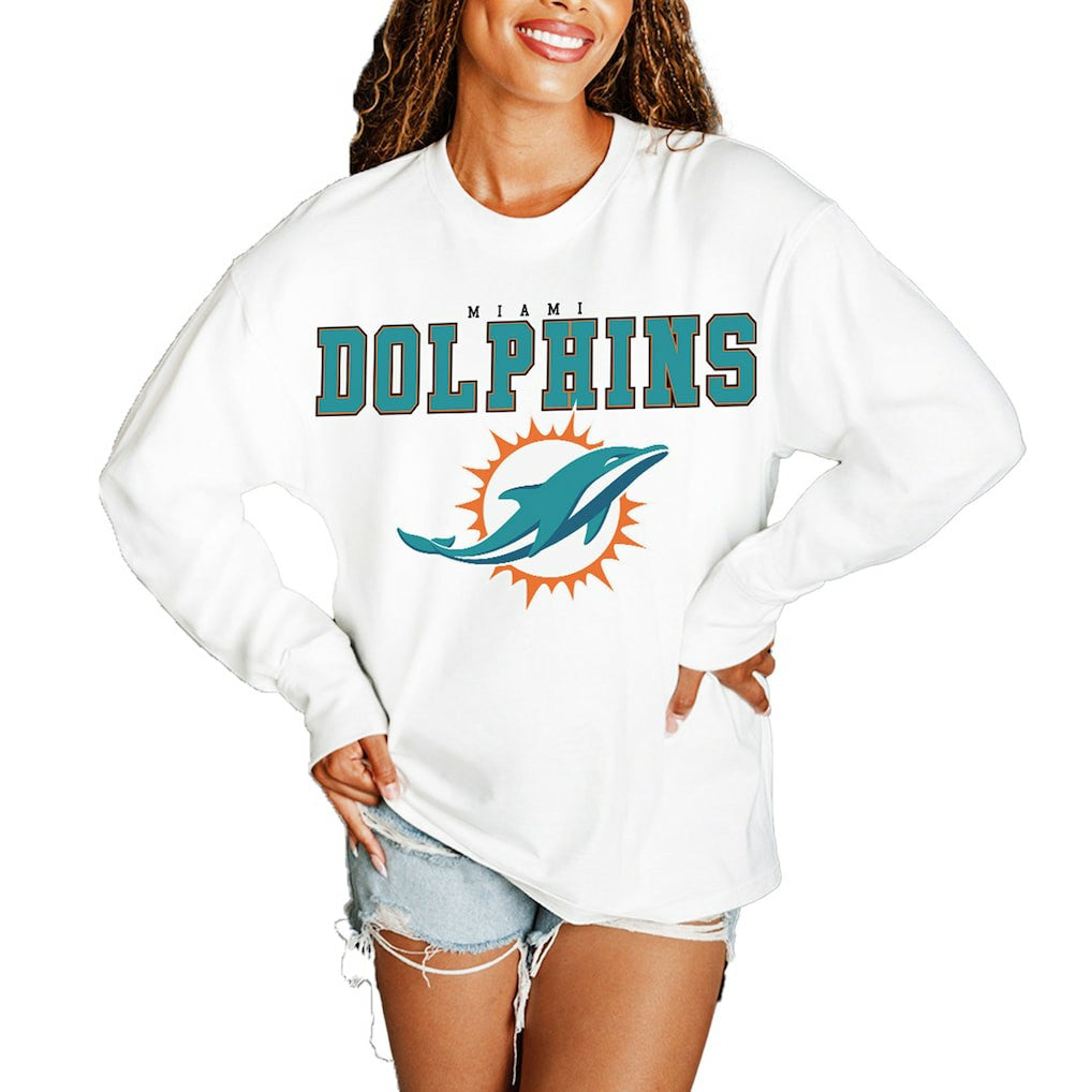 Miami Dolphins Gameday Couture Women's Big Goals Oversized Long Sleeve T-Shirt - White - NFL